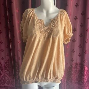 Vintage America Tan Short Sleeve Rustic Boho Cottagecore Blouse Size XL